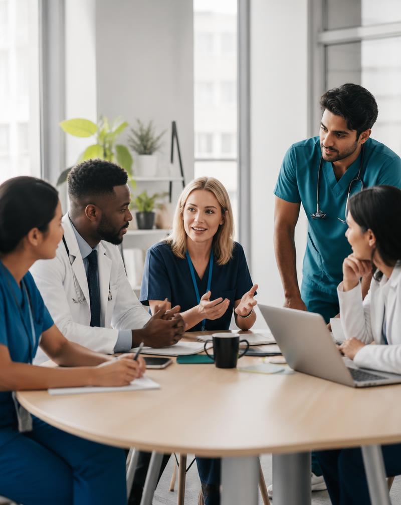 Healthcare professionals collaborating in a bright office